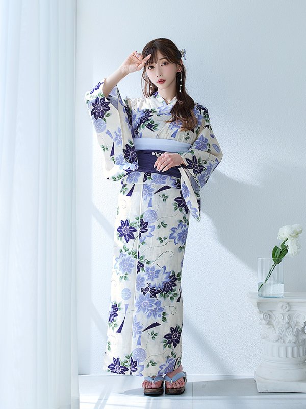 画像6: 【即日発送】白地に凛と咲くクレマチス柄浴衣  【浴衣３点セット 浴衣/帯/下駄】[YMT]