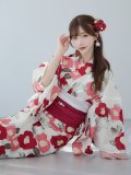 【予約 / 5月中旬発送予定】古典レトロ椿浴衣 OBI-siwa-201-wk-3-WR / HIMO-902-kj-5-RosePK / HEKO-800-sb-5-W / YA-1027-wk-R / GETA-02-ok-8-RoseP[YMT]
