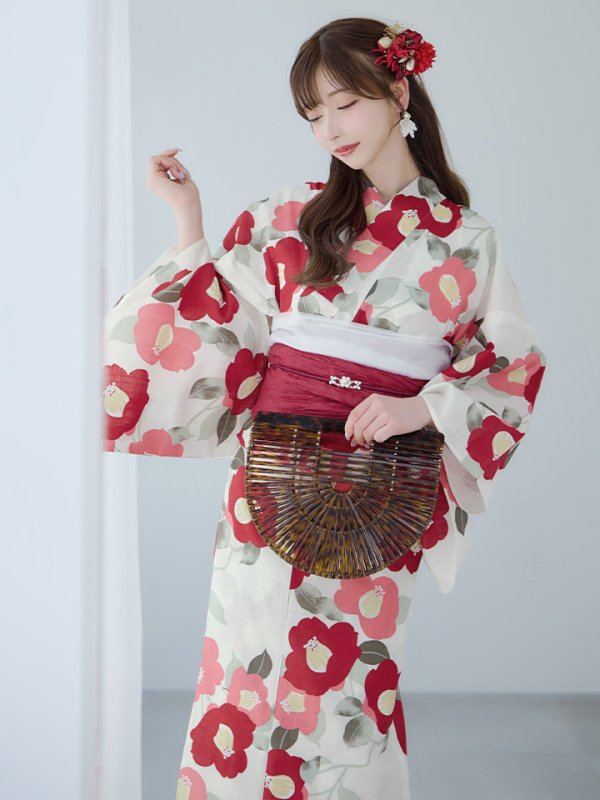 画像10: 【即日発送】古典レトロ椿浴衣  【浴衣３点セット 浴衣/帯/下駄】[YMT]