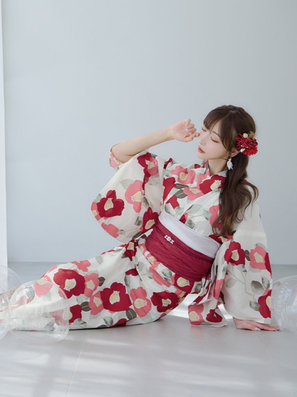 画像11: 【即日発送】古典レトロ椿浴衣  【浴衣３点セット 浴衣/帯/下駄】[YMT]