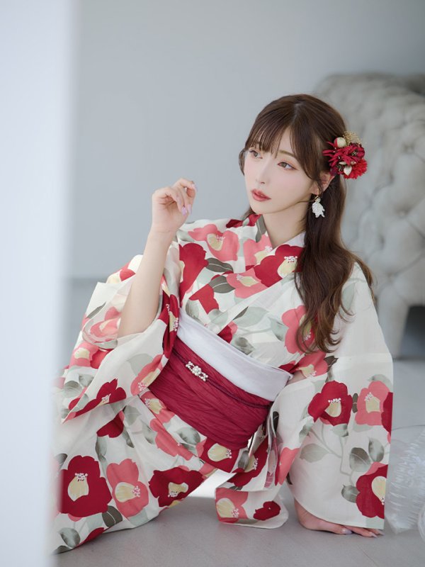 画像14: 【即日発送】古典レトロ椿浴衣  【浴衣３点セット 浴衣/帯/下駄】[YMT]