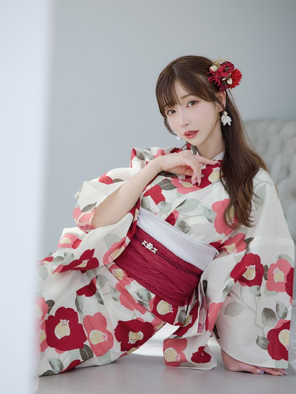 画像15: 【即日発送】古典レトロ椿浴衣  【浴衣３点セット 浴衣/帯/下駄】[YMT]