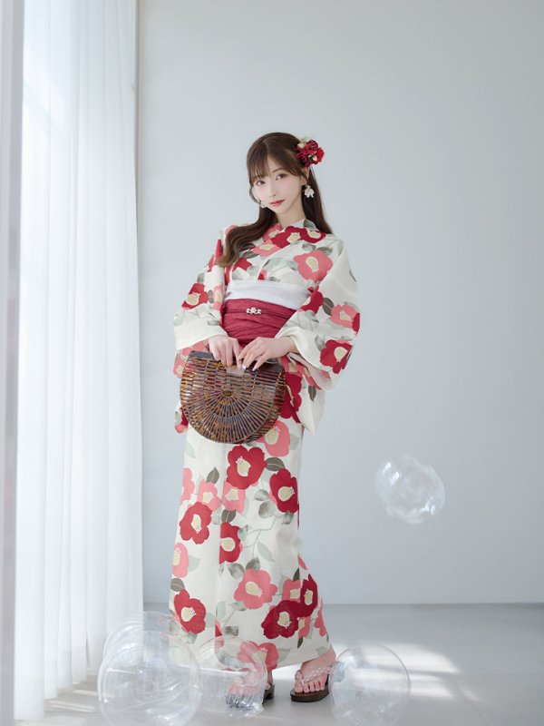 画像5: 【即日発送】古典レトロ椿浴衣  【浴衣３点セット 浴衣/帯/下駄】[YMT]