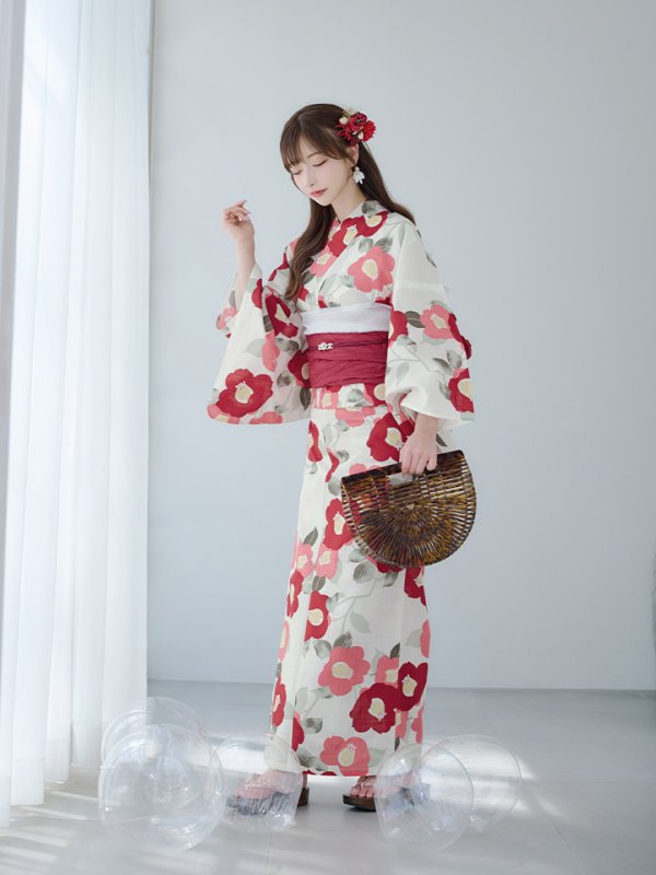 画像6: 【即日発送】古典レトロ椿浴衣  【浴衣３点セット 浴衣/帯/下駄】[YMT]