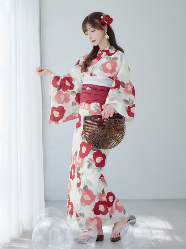 画像7: 【即日発送】古典レトロ椿浴衣  【浴衣３点セット 浴衣/帯/下駄】[YMT]