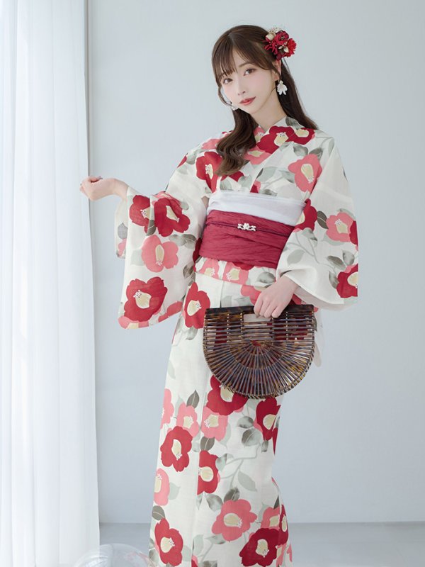 画像8: 【即日発送】古典レトロ椿浴衣  【浴衣３点セット 浴衣/帯/下駄】[YMT]