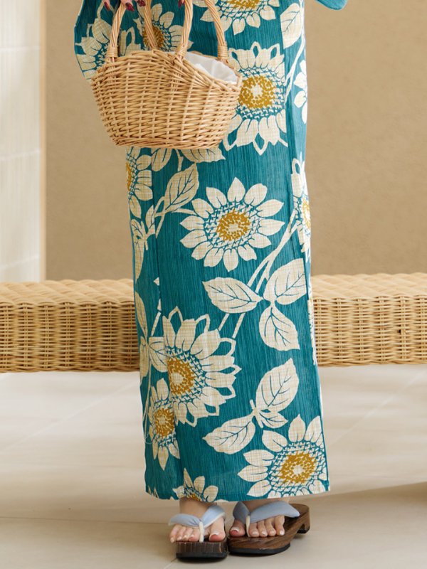 画像16: 【即日発送！】アクア地×向日葵のハイカラ浴衣  【浴衣３点セット 浴衣/帯/下駄】[YMT]