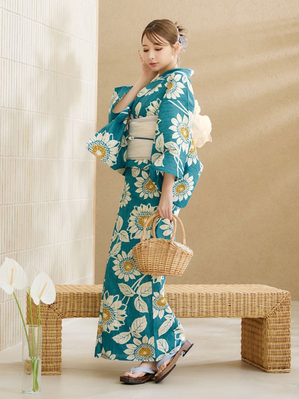 画像12: 【即日発送！】アクア地×向日葵のハイカラ浴衣  【浴衣３点セット 浴衣/帯/下駄】[YMT]