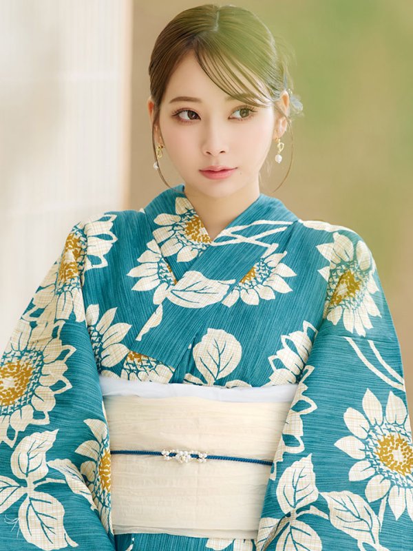 画像15: 【即日発送！】アクア地×向日葵のハイカラ浴衣  【浴衣３点セット 浴衣/帯/下駄】[YMT]