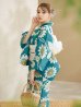 画像2: 【即日発送！】アクア地×向日葵のハイカラ浴衣  【浴衣３点セット 浴衣/帯/下駄】OBI-siwa-203-wk / HIMO-902-kj-1-BLGR / HEKO-800-sb-5-W / YA-1025-wk-BL / GETA-01-kj-2-BL[YMT] (2)
