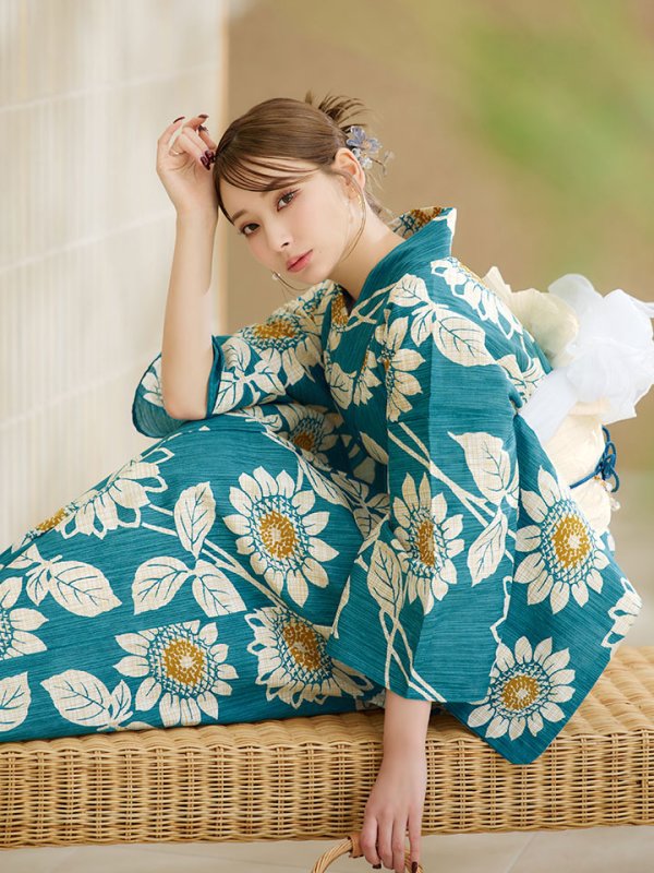 画像5: 【即日発送！】アクア地×向日葵のハイカラ浴衣  【浴衣３点セット 浴衣/帯/下駄】[YMT]