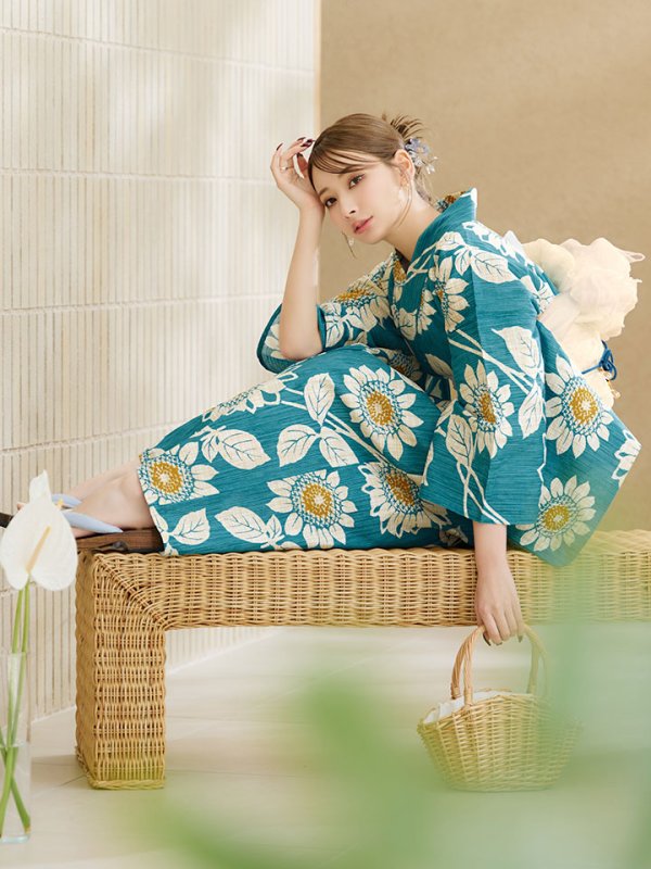 画像6: 【即日発送！】アクア地×向日葵のハイカラ浴衣  【浴衣３点セット 浴衣/帯/下駄】[YMT]
