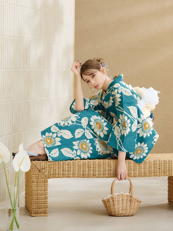 画像7: 【即日発送！】アクア地×向日葵のハイカラ浴衣  【浴衣３点セット 浴衣/帯/下駄】[YMT]