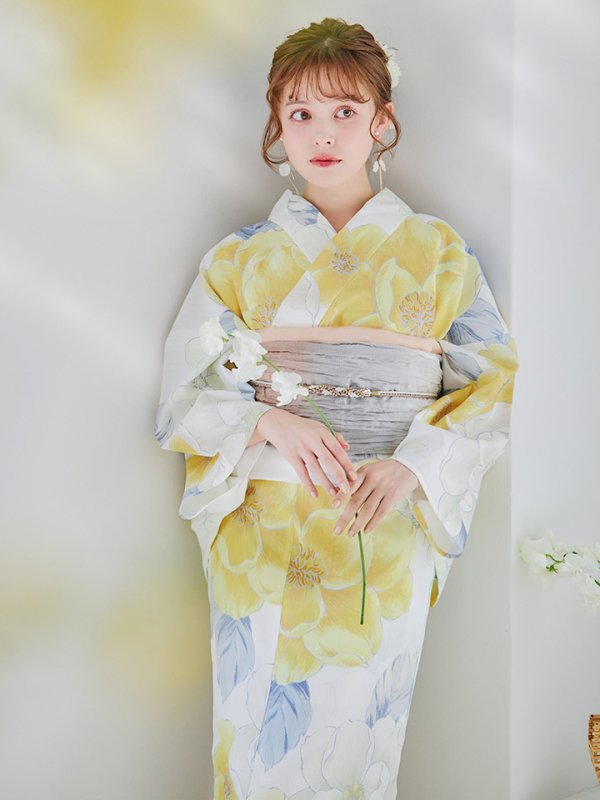 画像2: ヘルシー油彩牡丹浴衣  【浴衣３点セット 浴衣/帯/下駄】OBI-g-500-kj-7-GYGE / HIMO-900-yn-7-MOC / HEKO-800-sb-11-MOC / YA-1026-kn-W / GETA-01-kj-5-MOC/ [YMT]
