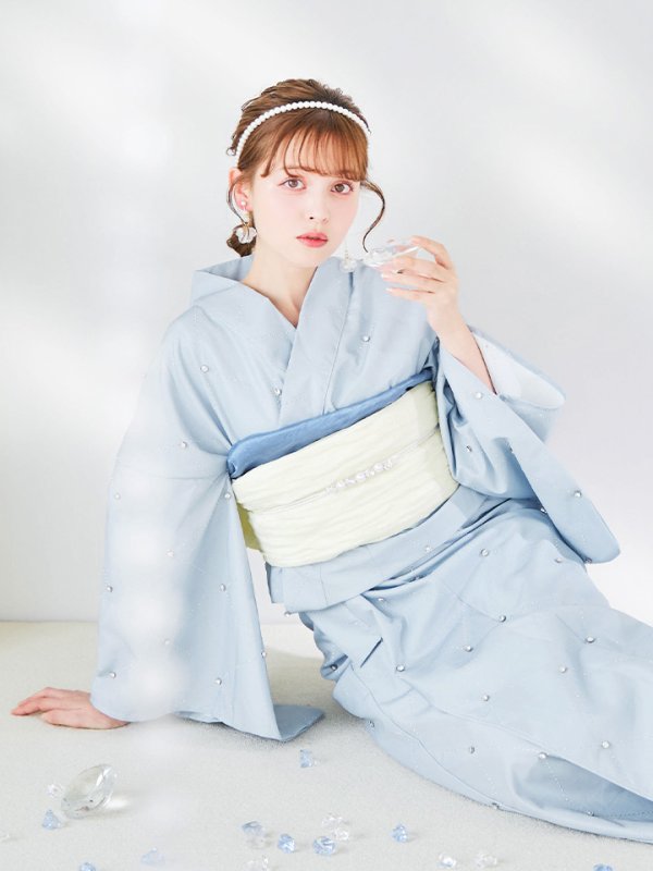 画像1: アーガイルビジュー浴衣  【浴衣３点セット 浴衣/帯/下駄】OBI-siwa-200-kj-13-OW / HIMO-906-yn-PEARL / HEKO-800-sb-8-DusBL / YA-1079-kj-7-W / GETA-01-kj-3-IV/ [YMT]