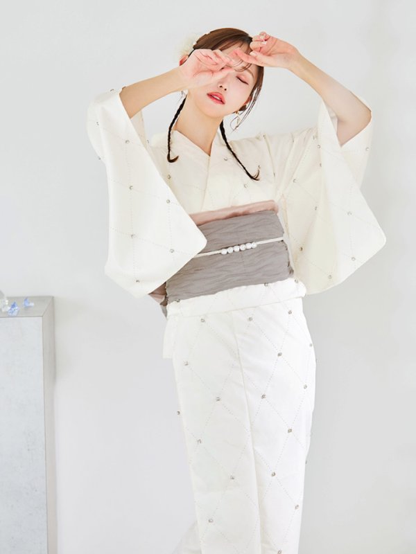 画像2: 【予約 / 5月中旬発送予定】アーガイルビジュー浴衣 OBI-siwa-204-wk-8-BE / HIMO-906-yn-PEARL / HEKO-800-sb-6-YEBE / YA-1071-kn-W / GETA-01-kj-3-IV/ [y/YMT]