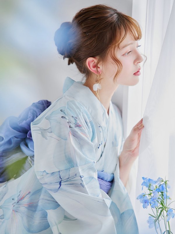 画像38: 【即日発送】【浴衣セール！】水彩百合ナチュラルブルー浴衣【浴衣３点セット 浴衣/帯/下駄】[YMT]