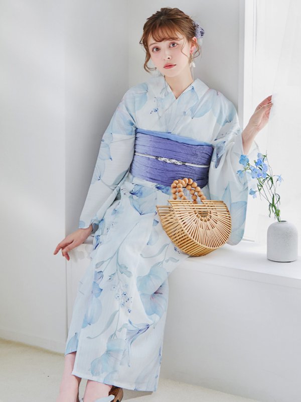 画像3: 【即日発送】【浴衣セール！】水彩ユリナチュラルブルー浴衣  【浴衣３点セット 浴衣/帯/下駄】[YMT]