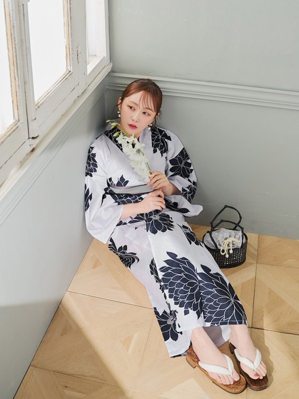画像12: 【即日発送】モノトーンダリア柄浴衣  【浴衣３点セット 浴衣/帯/下駄】[YMT]