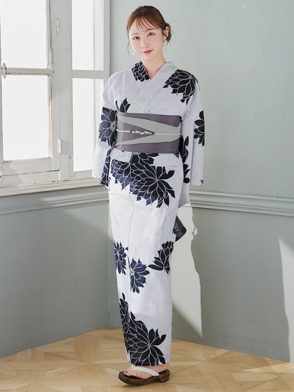 画像4: 【即日発送】モノトーンダリア柄浴衣  【浴衣３点セット 浴衣/帯/下駄】[YMT]