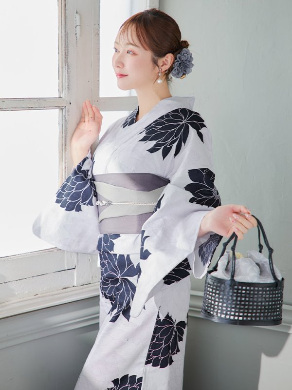 画像5: 【即日発送】モノトーンダリア柄浴衣  【浴衣３点セット 浴衣/帯/下駄】[YMT]