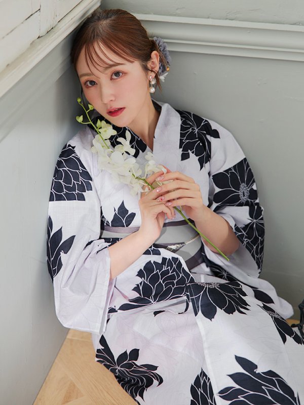 画像8: 【即日発送】モノトーンダリア柄浴衣  【浴衣３点セット 浴衣/帯/下駄】[YMT]