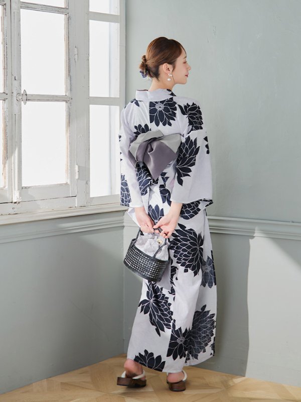 画像9: 【即日発送】モノトーンダリア柄浴衣  【浴衣３点セット 浴衣/帯/下駄】[YMT]