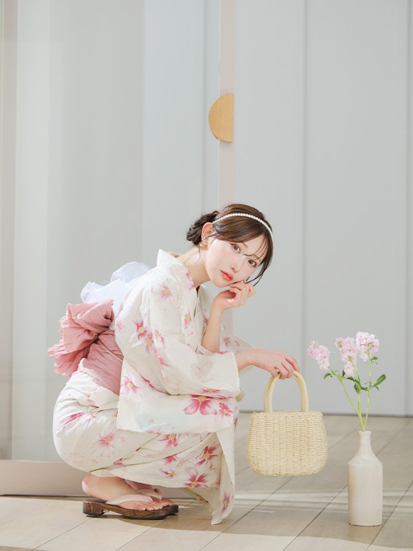 画像14: 【即日発送】淡色桜花柄浴衣  【浴衣３点セット 浴衣/帯/下駄】[YMT]