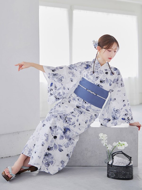 画像8: 【即日発送】水墨ニュアンスフラワー浴衣  【浴衣３点セット 浴衣/帯/下駄】[YMT]