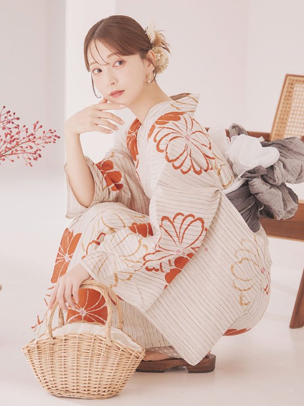 画像10: 【即日発送】ストライプ花柄浴衣  【浴衣３点セット 浴衣/帯/下駄】[YMT]