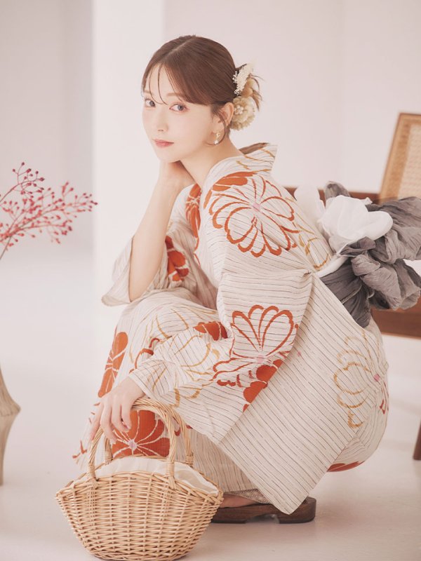 画像13: 【即日発送】ストライプ花柄浴衣  【浴衣３点セット 浴衣/帯/下駄】[YMT]