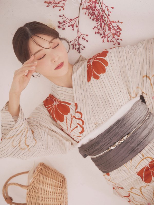 画像14: 【即日発送】ストライプ花柄浴衣  【浴衣３点セット 浴衣/帯/下駄】[YMT]