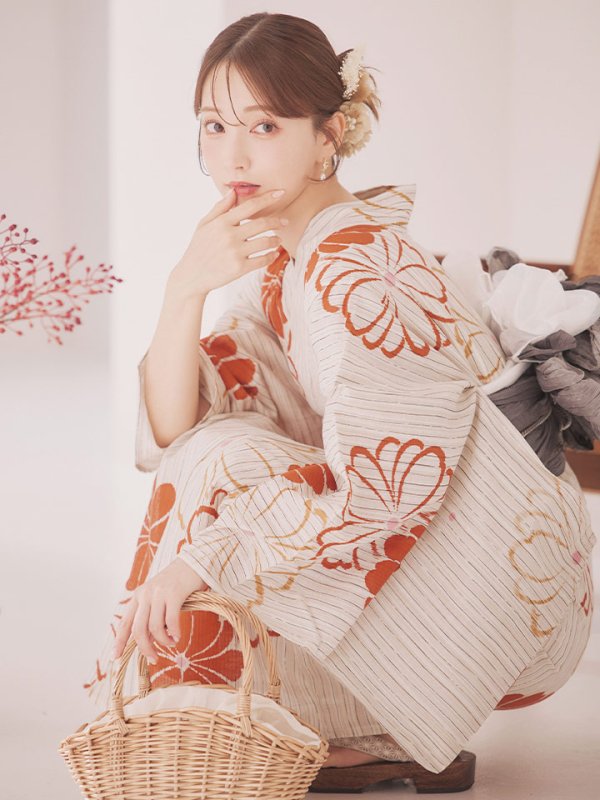 画像3: 【即日発送】ストライプ花柄浴衣  【浴衣３点セット 浴衣/帯/下駄】[YMT]