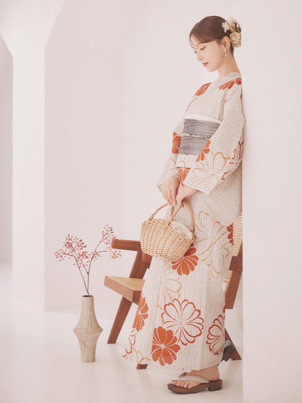 画像5: 【即日発送】ストライプ花柄浴衣  【浴衣３点セット 浴衣/帯/下駄】[YMT]