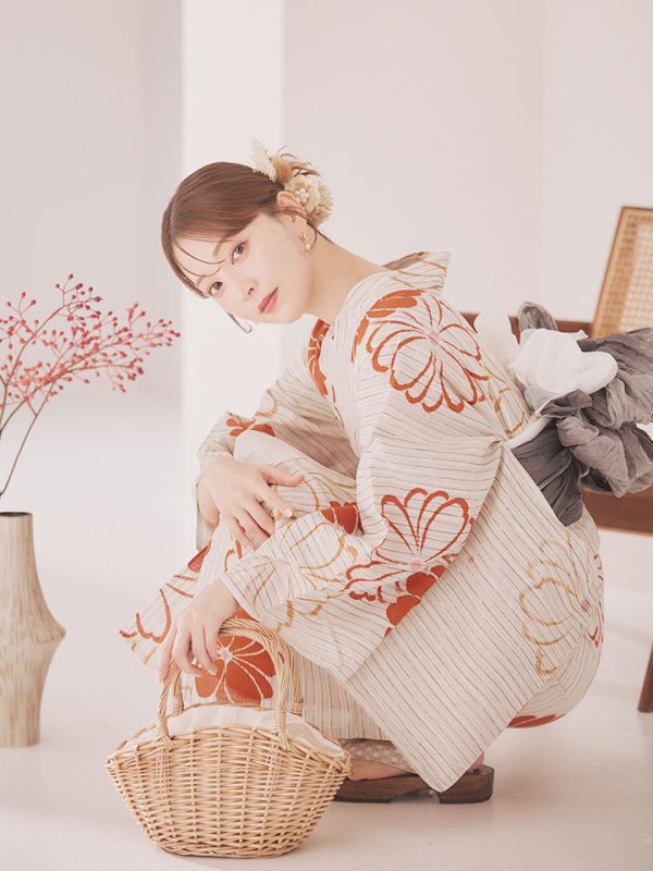 画像7: 【即日発送】ストライプ花柄浴衣  【浴衣３点セット 浴衣/帯/下駄】[YMT]