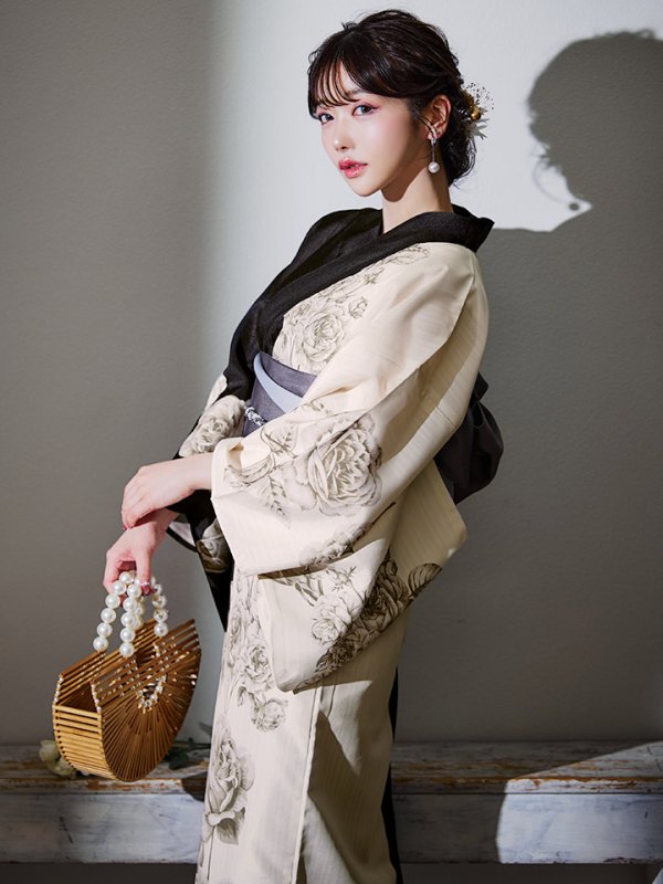 画像2: 【Riuコラボ】【予約 / 6月下旬発送予定】ツートンカラーローズ浴衣 OBI-hira-100-ok-5-GYxSV / HIMO-900-yn-4-GYxGY / YA-951-kn-W / YA-1011-kj-BR  / GETA-01-kj-3-IV [y/YMT]