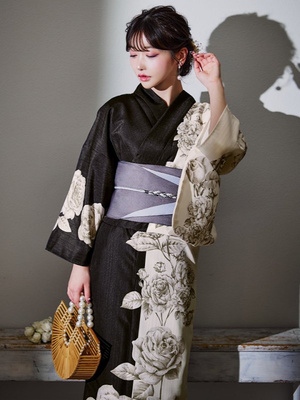 画像3: 【残りわずか！】【即日発送】【Riuコラボ】ツートンカラーローズ浴衣  【浴衣３点セット 浴衣/帯/下駄】[YMT]