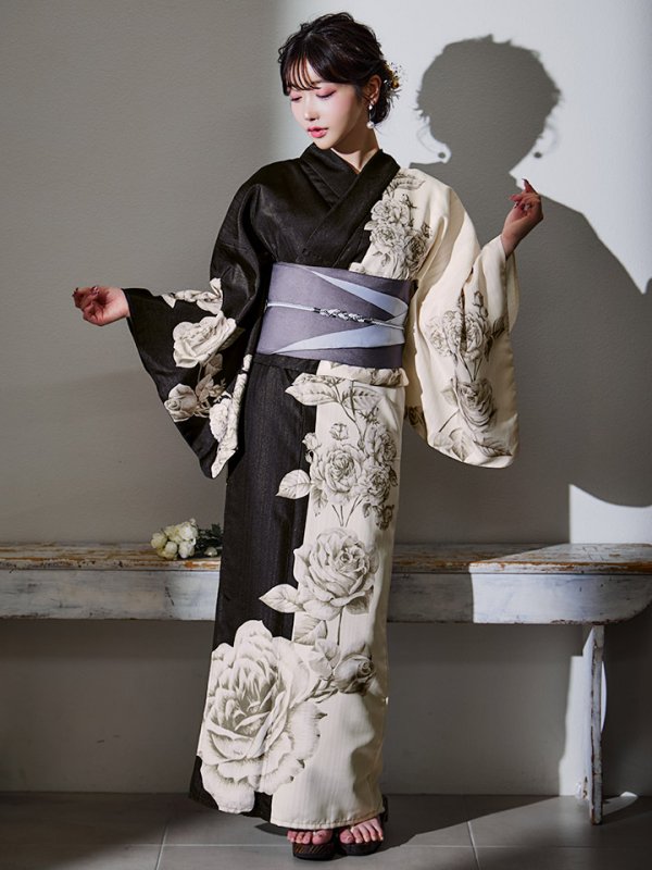 画像4: 【残りわずか！】【即日発送】【Riuコラボ】ツートンカラーローズ浴衣  【浴衣３点セット 浴衣/帯/下駄】[YMT]