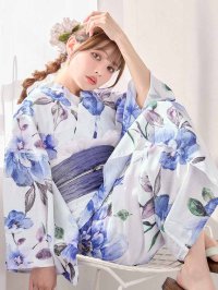 【即日発送】【浴衣】白地に水彩牡丹のクラシック浴衣 グラデーション帯 【浴衣３点セット 浴衣/帯/下駄】[FB02]
