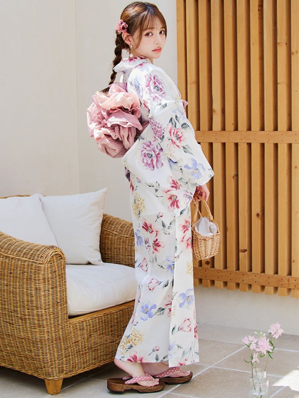 画像3: 【即日発送】【浴衣】白地×ボタニカル牡丹浴衣【浴衣３点セット 浴衣/帯/下駄】[YMT]