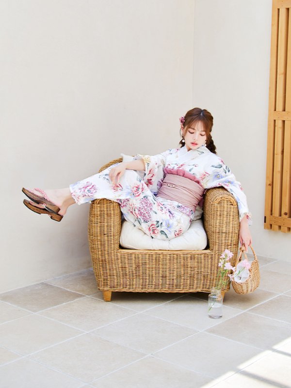 画像6: 【即日発送】【浴衣】白地×ボタニカル牡丹浴衣【浴衣３点セット 浴衣/帯/下駄】[YMT]