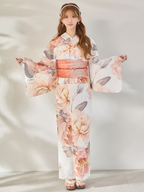 画像4: 【即日発送】アプリコットピンク牡丹浴衣  【浴衣３点セット 浴衣/帯/下駄】[OF04/HC03]