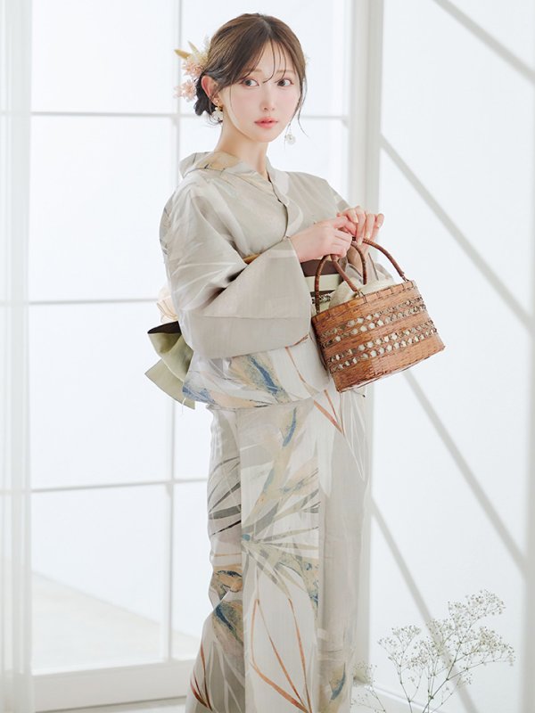 画像10: 【即日発送】【浴衣セール！】ヘルシーリーフ柄ベージュ浴衣  【浴衣３点セット 浴衣/帯/下駄】[YMT]