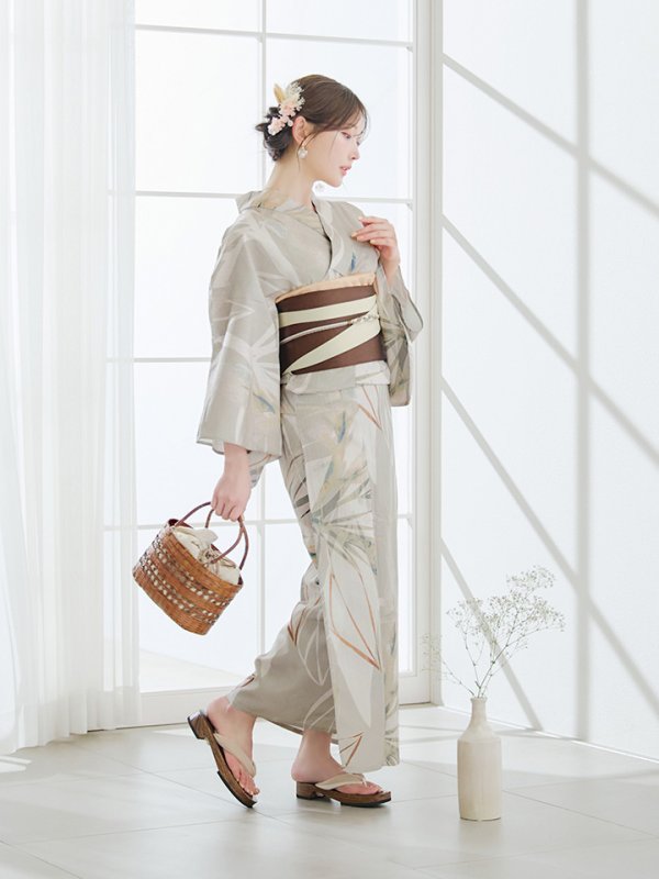 画像13: 【即日発送】【浴衣セール！】ヘルシーリーフ柄ベージュ浴衣  【浴衣３点セット 浴衣/帯/下駄】[YMT]