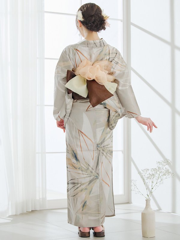 画像14: 【即日発送】【浴衣セール！】ヘルシーリーフ柄ベージュ浴衣  【浴衣３点セット 浴衣/帯/下駄】[YMT]