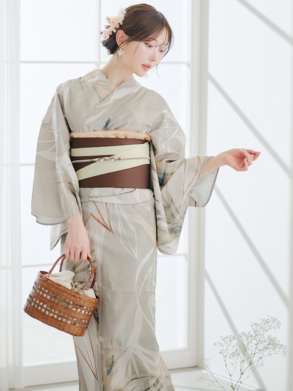 画像2: ヘルシーリーフ柄ベージュ浴衣  【浴衣３点セット 浴衣/帯/下駄】OBI-hira-100-ok-2-BRxBE / HIMO-900-yn-7-MOC / HEKO-800-sb-3-BR / YA-1081-kj-BR / YA-1081-kj-P / GETA-01-kj-5-MOC[YMT]