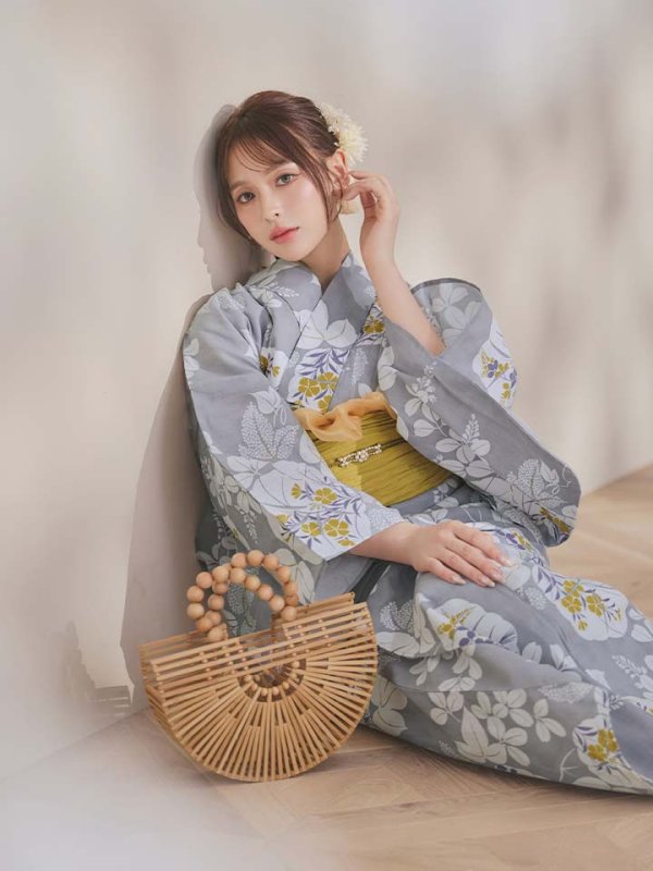画像13: 【即日発送】グレー×フラワー浴衣  【浴衣３点セット 浴衣/帯/下駄】[OF04]