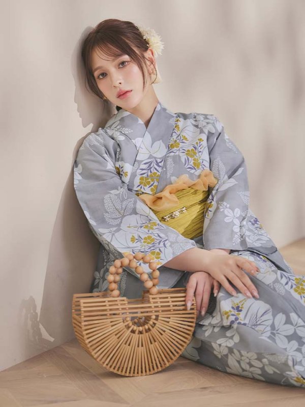 画像16: 【即日発送】グレー×フラワー浴衣  【浴衣３点セット 浴衣/帯/下駄】[OF04]