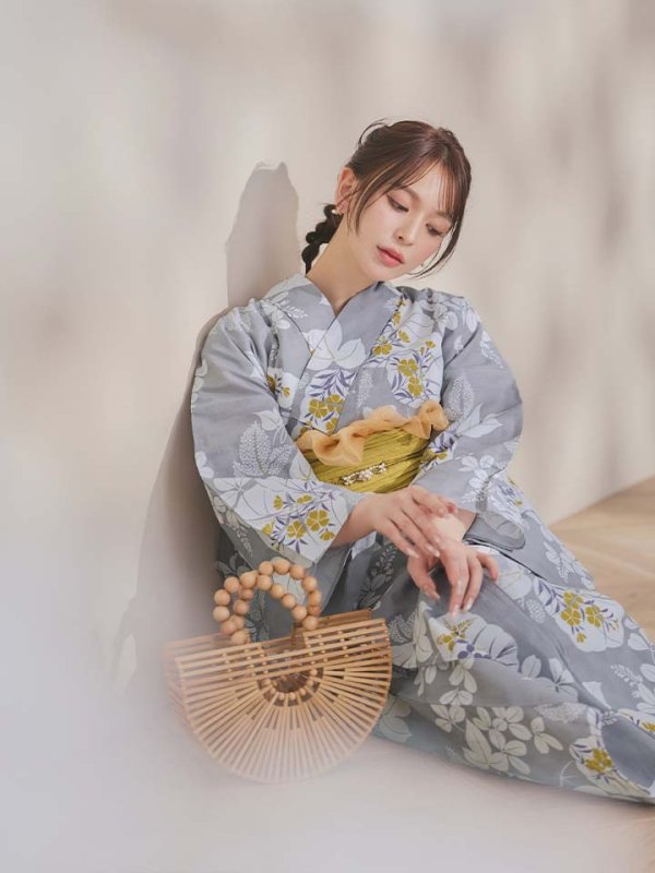 画像2: 【即日発送】グレー×フラワー浴衣  【浴衣３点セット 浴衣/帯/下駄】[OF04]