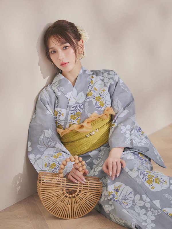 画像9: 【即日発送】グレー×フラワー浴衣  【浴衣３点セット 浴衣/帯/下駄】[OF04]